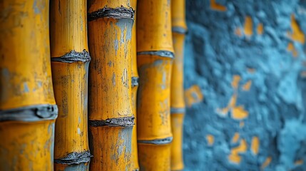 Fototapeta premium A close-up shot of yellow bamboo stalks against a textured blue wall.