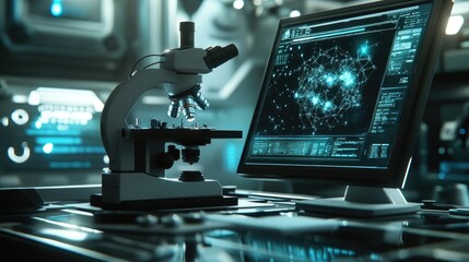 Close-up of a microscope in a nanotech lab, with digital screens displaying detailed atomic visuals, clean lab surfaces