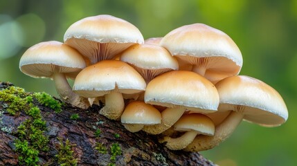 Close-up of a mushroom cluster growing along the bark of an old tree, with rich moss and earthy textures, in soft, natural light