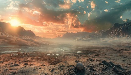 Fototapeta premium A Distant Rocky Landscape with a Setting Sun and Starry Sky