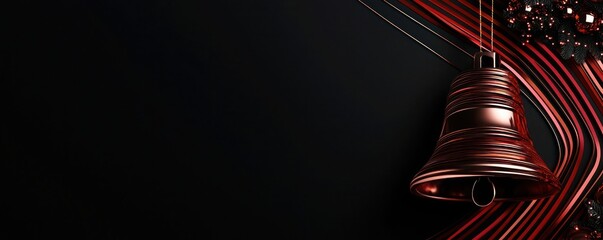 Black background with a bell-shaped Christmas decoration in negative space, filled with modern red and copper stripes, featuring a subtle rose gold shine for a three-dimensional look