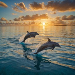 Fototapeta premium Dolphins leaping out of crystal-clear tropical waters under a golden sunset.