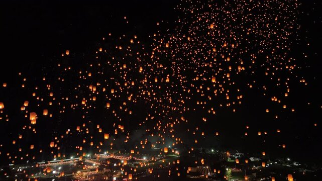 Thai tradition lanna Lantern on Yeepeng Festival with firework, Flying sky tradition Thai Lanna Lantern on Yeepeng festival, Loy Krathong Festival or Yeepeng Festival with light Lanna paper lantern an