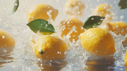 Fresh Lemons Splashing into Water