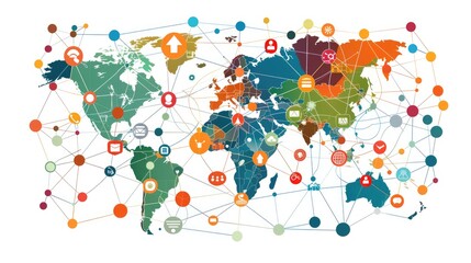 Global communications network concept with interconnected business nodes and human resource collaboration.