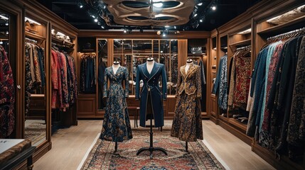Elegant Fashion Boutique Displaying Designer Dresses and Couture Garments in a Luxurious Interior with Warm Lighting and Rich Textiles