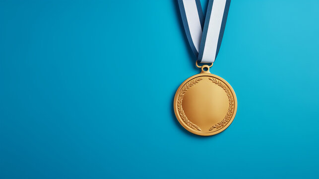 Photo of a gold medal on a blue background with copy space, top view. Banner template for a sports event or competition concept.