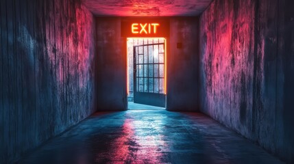 Obraz premium Neon Exit: Escape from confinement. A dimly lit corridor, bathed in vibrant neon hues, leads to an open door marked 