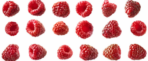 Set of different images with raspberries on a white background