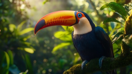 Fototapeta premium A toucan with a large, colorful beak sits on a branch in a lush tropical forest.