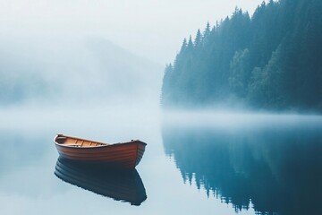 Serenity on the Water: A Misty Morning with a Lone Canoe