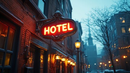 Charming Hotel Sign on Snowy Street at Dusk 