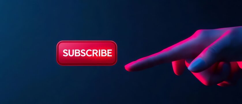 Interactive Subscribe Button: A hand, illuminated by dynamic lighting, reaches out to tap a prominent "Subscribe" button, representing the call to action for audience engagement.