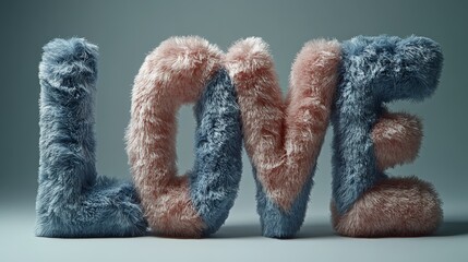 Fuzzy Love: A whimsical and fluffy rendition of the word "LOVE," crafted from soft, plush fabric in shades of pink and blue, evoking a feeling of warmth and affection.