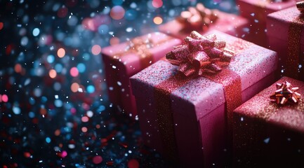 Pink glitter gift boxes with bows, bokeh lights, and confetti.