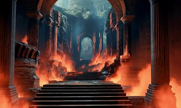 Illustration of a Sinister Hell Gate with Fiery Flames and Rising Smoke &ndash; A Dark and Dramatic Representation