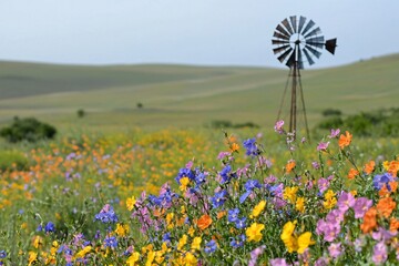 Vibrant Wildflower Field with Windmill against a Rolling Landscape