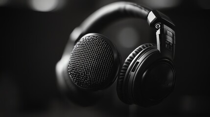 A vintage microphone with headphones around the top on a black background.