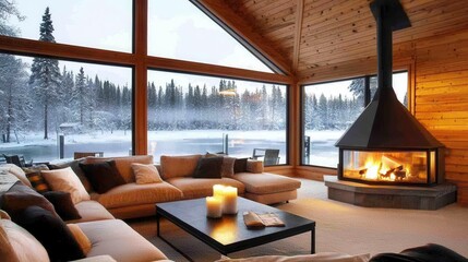 Fototapeta premium Cozy Northern Cabin with Winter View and Warm Fire
