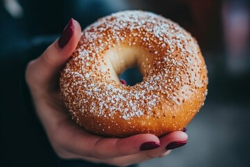 A close-up photo of a woman's hand holding a bagel with a light dusting of sugar. National Bagel Day.