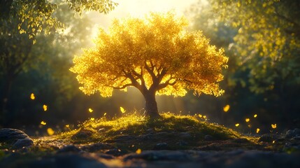 A radiant golden tree amidst green trees in a tranquil forest, glowing with individuality and strength, glowing tree, resilience in nature