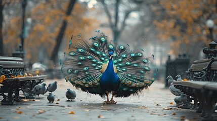 A radiant peacock, with tail feathers spread, confidently strides through grey pigeons, celebrating uniqueness and natural beauty against a muted backdrop