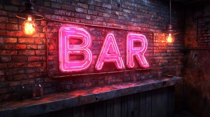Neon Bar Sign: A vibrant pink neon "BAR" sign illuminates a brick wall, beckoning patrons with its glowing allure. The vintage-inspired lighting adds a touch of nostalgia to the scene.