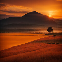 Obraz premium Ai Generative photoreal very beautiful orange sunset