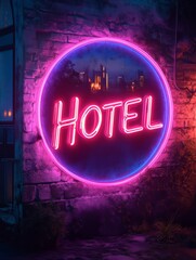 Neon Hotel Sign: A retro-style neon sign illuminates the night, displaying the word "HOTEL" in vibrant pink and blue hues against a backdrop of a brick wall. The circular frame encloses a cityscape.