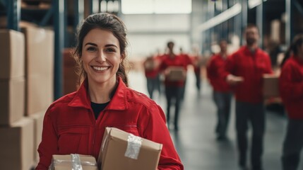 A warehouse scene with a smiling woman in a red uniform leading her team, holding packages, and symbolizing efficient logistics and camaraderie