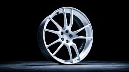 Obraz premium Modern White Alloy Wheel with Sleek Design Isolated on a Dark Background, Perfect for Automotive Themes and Vehicle Customization Concepts
