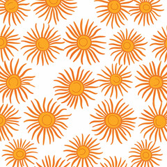 Bright seamless pattern with radiant sun illustrations. A vibrant, cheerful design featuring orange and yellow tones, ideal for textiles or wallpapers.