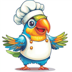 Charming parrot wearing a chef's hat on a white background. Vibrant and humorous character perfect for culinary or food-related themes, with copy space for designs.