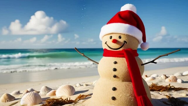 A cheerful, sandy snowman wearing a red Santa hat, standing on a sun-kissed sea beach with gentle waves rolling in the background, Sandman on the beach, created with generative ai