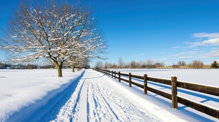 Obraz premium Snowy Winter Scene with Meadow and Wooden Fence