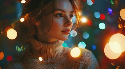 A woman radiates style in a classic turtleneck sweater, surrounded by multicolored string lights, capturing a blend of elegance and creativity