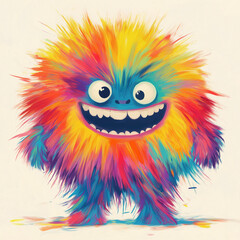 Naklejka premium Bright colorful fluffy monster with wide eyes and a big smile, standing on a plain background. The vivid rainbow colors evoke fun and joy.