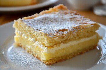 Delicious Custard Slice with Cream and Powdered Sugar