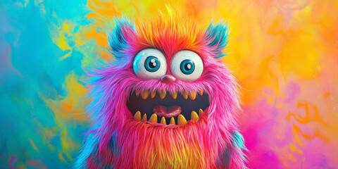 Naklejka premium Fierce and colorful monster with sharp teeth and bulging eyes, standing on a bright and explosive background. The design feels dramatic and intense.