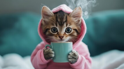 Naklejka premium Adorable kitten in a pink hoodie, holding a steaming mug with tiny paws, sitting against a warm and cozy backdrop