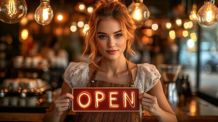 waitress woman turning "OPEN" sign board