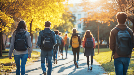Obraz premium A group of students walking along a sunlit path in autumn. Backpacks and colorful trees create a vibrant, seasonal atmosphere of learning and exploration.