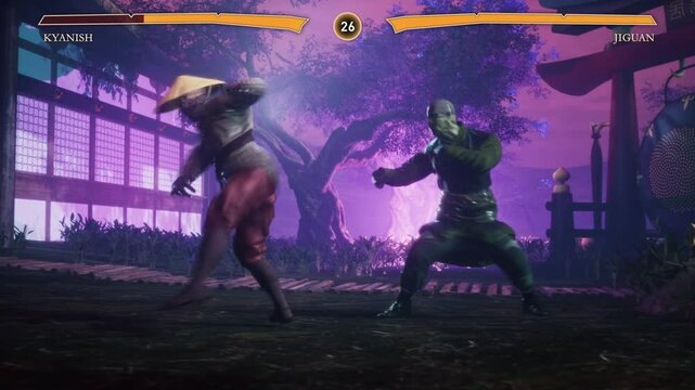 Animation of the virtual fighters vs each other in a combat video game. Gameplay displaying the fighter vs enemy in the combat simulator. Fighter vs rival character engaged in combat. kung fu