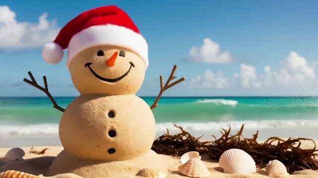 A cheerful, sandy snowman wearing a red Santa hat, standing on a sun-kissed sea beach with gentle waves rolling in the background, Sandman on the beach, created with generative ai