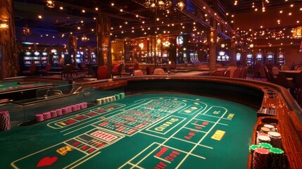 Casino craps table with dice, chips, and betting lines, set against a lively background of lights