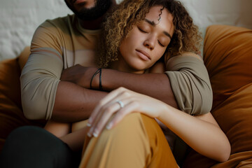 An intimate portrait of an interracial couple in a living room, enjoying a tender embrace with closed eyes. The scene captures affection, unity, and a moment of shared joy