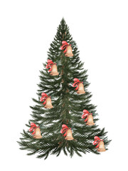 Christmas card watercolor. Hand drawn vintage evergreen tree with bells isolated on white background. Clip art of Christmas and New Year symbol. Ideal for greeting cards, posters and home crafts