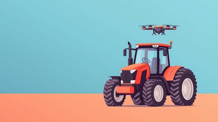 Obraz premium Drones and AI are revolutionizing smart farming practices Concept. Farming scene with a tractor and drone against a colorful background.