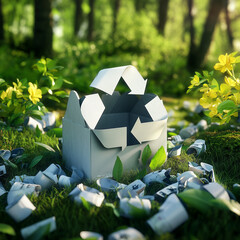 This image shows a wooden recycling symbol set in an area of ​​grass and greenery, symbolizing sustainability and environmental care.