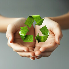 This image shows a wooden recycling symbol set in an area of ​​grass and greenery, symbolizing sustainability and environmental care.